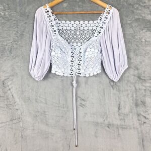 Womens Top Small Blue Crochet Lace Up Crop Boho Coquette Fairy Milkmaid Peasant